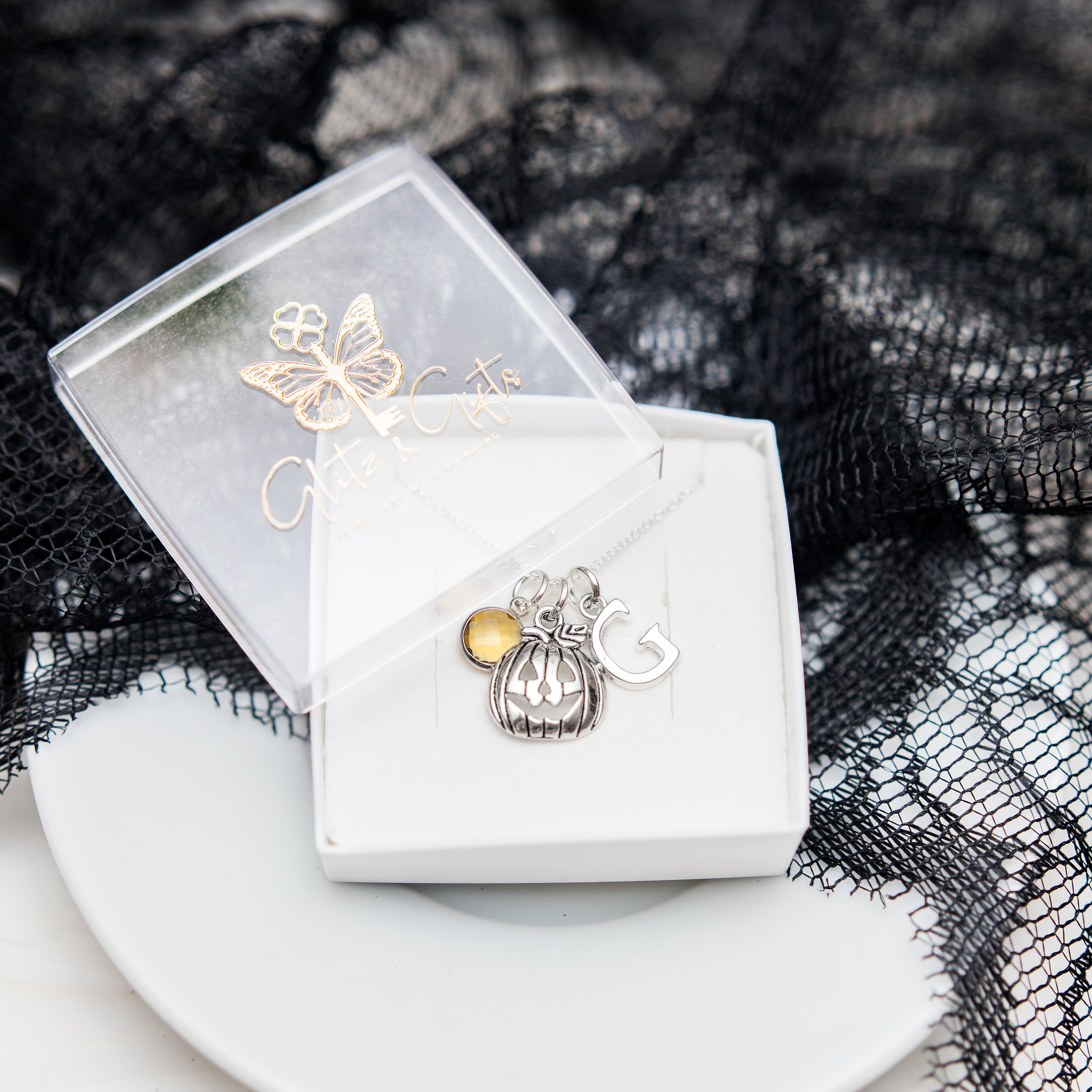 Personalised Pumpkin Necklace Birthstone and Initial