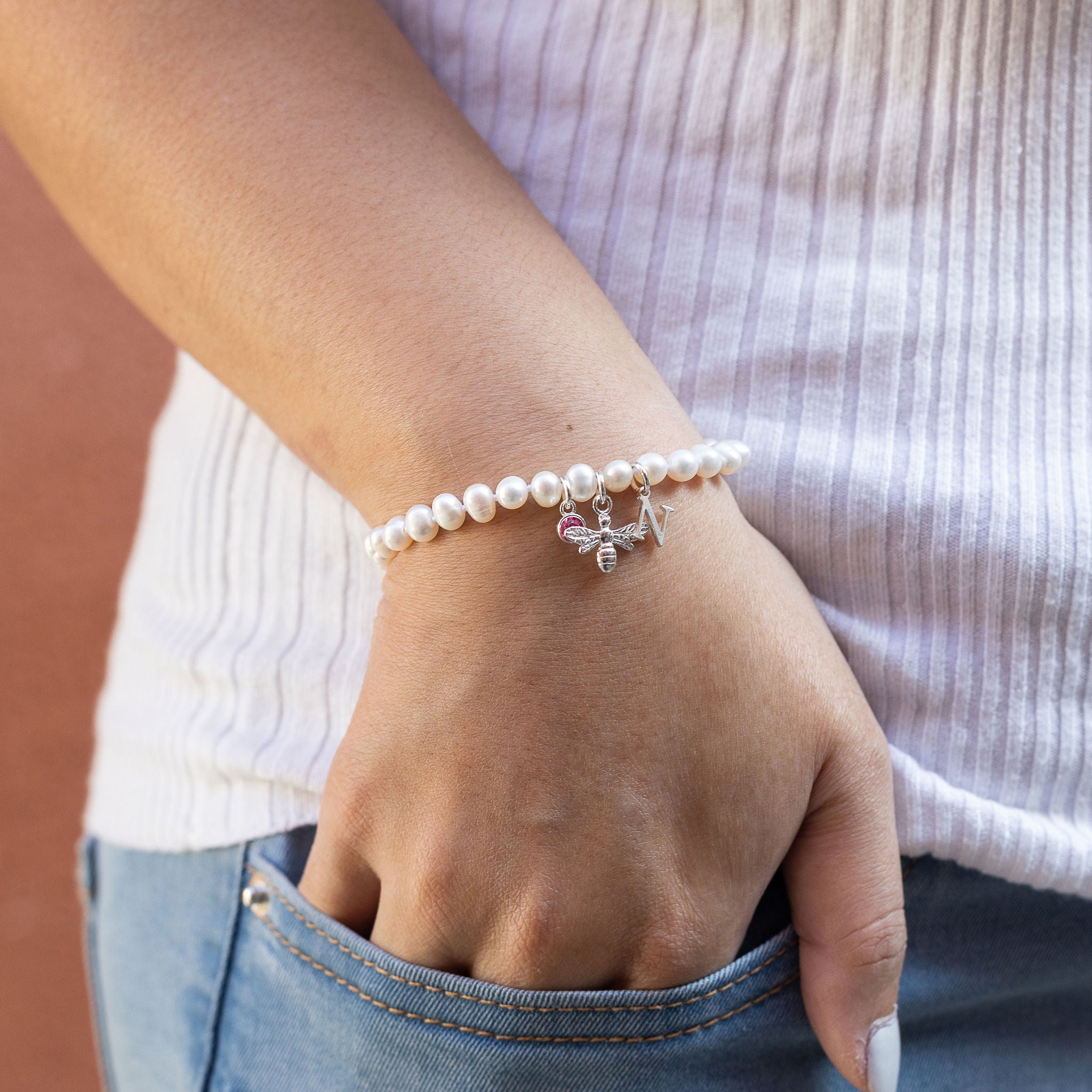 Freshwater Pearl Sterling Silver Personalised Bee Bracelet